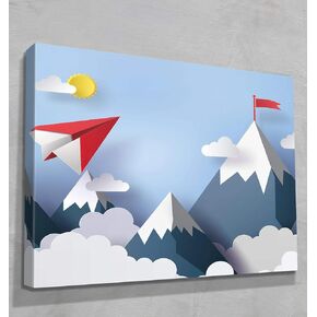 LIVinPink Soaring Gallery Canvas – Paper Airplane Mountain Adventure Wrapped Fine Art with AR | Multiple Sizes Natural Wood 50"x40" in Saudi Arabia
