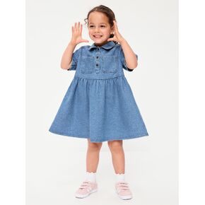 فستان قميص جينز بأكمام قصيرة من Old Navy للفتيات الصغيرات - غسيل خفيف in Kuwait