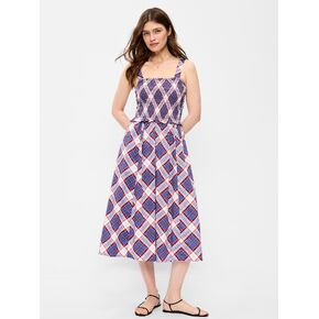 Old Navy Fit & Flare Smocked-Bodice Midi Dress - Blue Plaid in Saudi Arabia