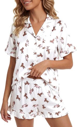 Umenlele Women's Satin Silky Collar V Neck Ruffle Short Sleeve Top and Shorts Sleepwear PJs Pajamas Set in Saudi Arabia