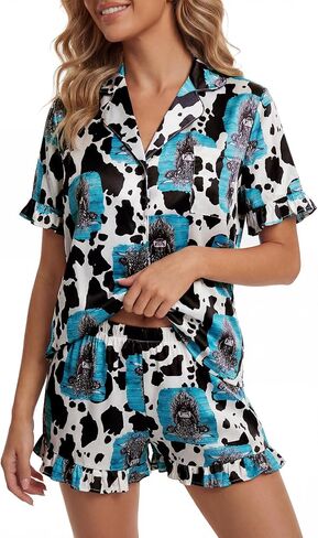 Umenlele Women's Satin Silky Collar V Neck Ruffle Short Sleeve Top and Shorts Sleepwear PJs Pajamas Set in Kuwait