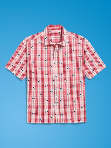 Old Navy Old Navy x Disney Mickey Mouse Loose Fit Plaid Shirt for Men - White/Red Plaid in Kuwait