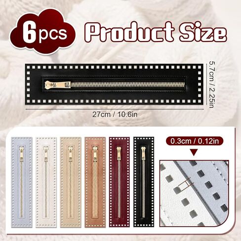 BTEOSPT 6PCS Crochet Zippers with Holes, PU Leather Zipper for Bags, 10.62 x 2.17 Inch Closed-End Bulk Zippers for Sewing, Crochet Bag Accessories and Supplies for DIY Crafts in Kuwait