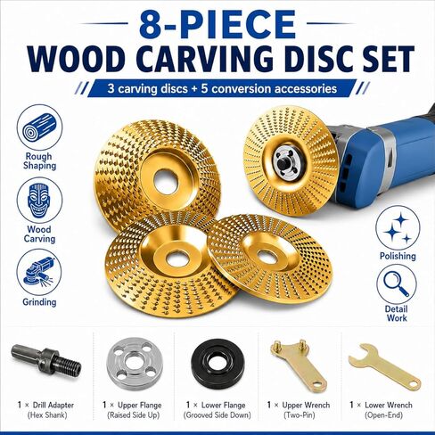 8-Piece Angle Grinder Polishing Pad, 2026 Upgraded Heavy-Duty Wood Carving Disc Set, Tungsten Carbide Grinding Wheel Wood Carving, Woodworking Attachment for Cutting, Shaping, Sanding in Kuwait