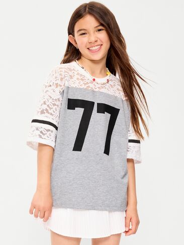 Old Navy Oversized Lace Football-Style T-Shirt for Girls - White Lilies in Kuwait