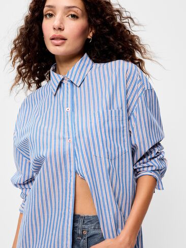 Old Navy Oversized Button-Down Boyfriend Shirt - Red Blue Stripe in Kuwait