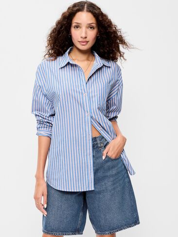 Old Navy Oversized Button-Down Boyfriend Shirt - Red Blue Stripe in Kuwait