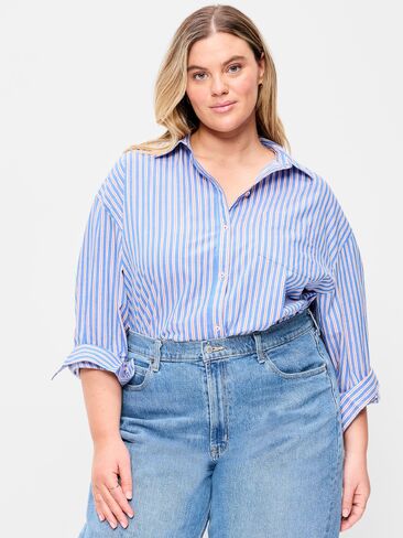 Old Navy Oversized Button-Down Boyfriend Shirt - Red Blue Stripe in Kuwait
