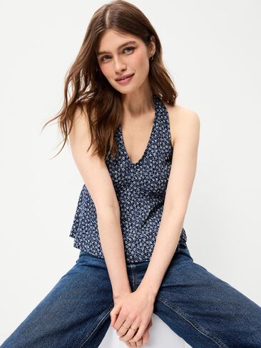 Old Navy Linen-Blend V-Neck Halter Top - Blue Ditsy Floral in Kuwait
