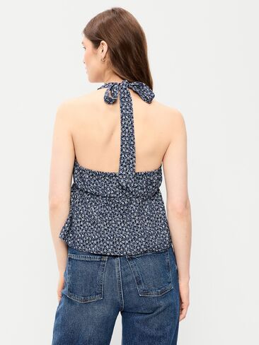 Old Navy Linen-Blend V-Neck Halter Top - Blue Ditsy Floral in Kuwait