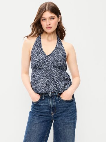 Old Navy Linen-Blend V-Neck Halter Top - Blue Ditsy Floral in Kuwait