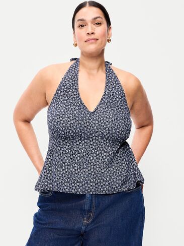 Old Navy Linen-Blend V-Neck Halter Top - Blue Ditsy Floral in Kuwait