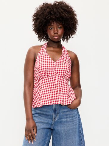 بلوزة ذات رقبة على شكل حرف V من مزيج الكتان من Old Navy - قماش قطني أحمر in Kuwait