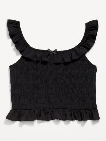 Old Navy Sleeveless Fitted Ruffled Smocked Top for Girls - Black Jack in Kuwait