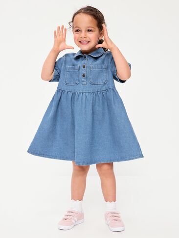 Old Navy Short-Sleeve Denim Shirt Dress for Toddler Girls - Light Wash in Kuwait