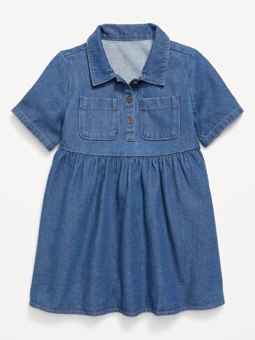 فستان قميص دينم بأكمام قصيرة من Old Navy للفتيات الصغيرات - غسيل متوسط in Kuwait