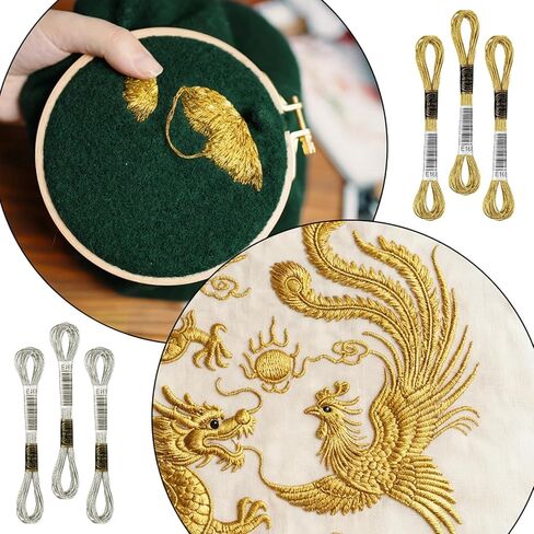 Gold Embroidery Thread, 6 Skeins Metallic Embroidery Floss String Friendship Bracelet String Glitter, Polyester Cross Stitch Threads for Hand Embroiderys, Strings Art Supplies, DIY Bracelet Accessory in Kuwait
