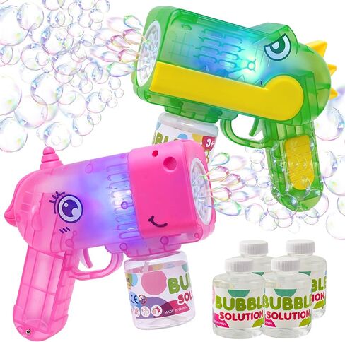 SYNCFUN 2 مسدس فقاعات مع ضوء LED، 12 فتحة ديناصور ومسدس فقاعات وحيد القرن مع 4 عبوات لإعادة ملء الزجاجات للأطفال الصغار من سن 1 إلى 3 سنوات، مسدس آلي للفقاعات لصالح حفلات الأطفال، لعبة صيفية، في الهواء الطلق، هدية عيد ميلاد in Kuwait