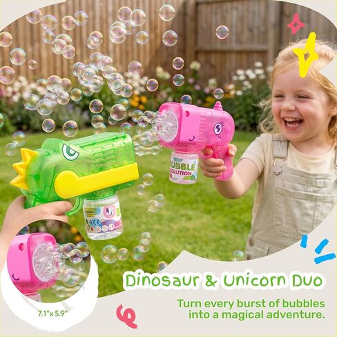 SYNCFUN 2 مسدس فقاعات مع ضوء LED، 12 فتحة ديناصور ومسدس فقاعات وحيد القرن مع 4 عبوات لإعادة ملء الزجاجات للأطفال الصغار من سن 1 إلى 3 سنوات، مسدس آلي للفقاعات لصالح حفلات الأطفال، لعبة صيفية، في الهواء الطلق، هدية عيد ميلاد in Kuwait