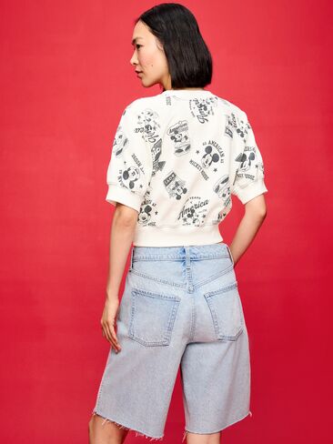 Old Navy Old Navy x Disney Mickey Mouse Short-Sleeve Cropped Raglan Fleece Sweatshirt for Women - Navy Blue Print in Kuwait