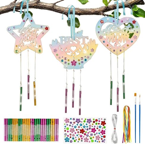 RAINFLOW Wooden MOM Wind Chime Kit - 9 Pcak Wood Spring Crafts Make Your Own Mother's Day Wind Chime Arts and Crafts for DIY Coloring Party Supplies Mom's Birthday Decorative Ornaments in Kuwait