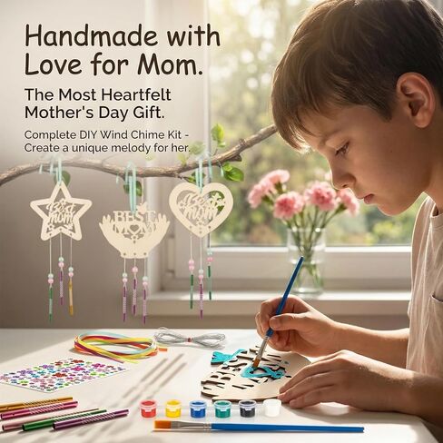 RAINFLOW Wooden MOM Wind Chime Kit - 9 Pcak Wood Spring Crafts Make Your Own Mother's Day Wind Chime Arts and Crafts for DIY Coloring Party Supplies Mom's Birthday Decorative Ornaments in Kuwait
