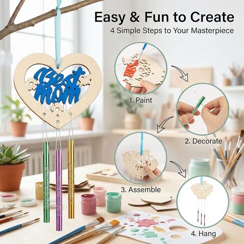 RAINFLOW Wooden MOM Wind Chime Kit - 9 Pcak Wood Spring Crafts Make Your Own Mother's Day Wind Chime Arts and Crafts for DIY Coloring Party Supplies Mom's Birthday Decorative Ornaments in Kuwait