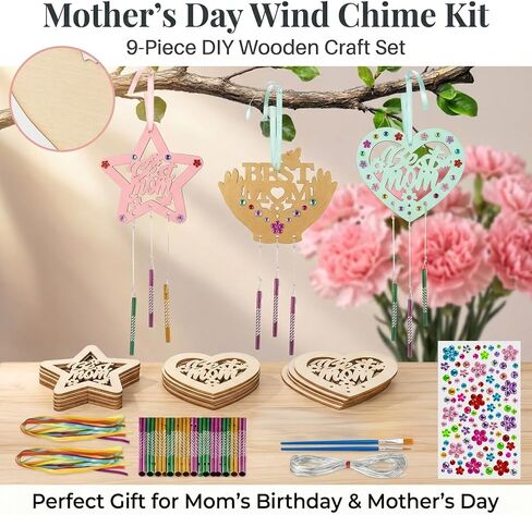 RAINFLOW Wooden MOM Wind Chime Kit - 9 Pcak Wood Spring Crafts Make Your Own Mother's Day Wind Chime Arts and Crafts for DIY Coloring Party Supplies Mom's Birthday Decorative Ornaments in Kuwait