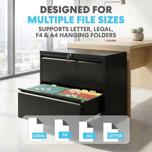 SIMPLI-Magic 2-Drawer File Cabinet with Lock - Metal Filing Cabinet for Home Office, Letter/Legal/F4/A4 Hanging Files, Compact Space-Saving Design, Black in Kuwait