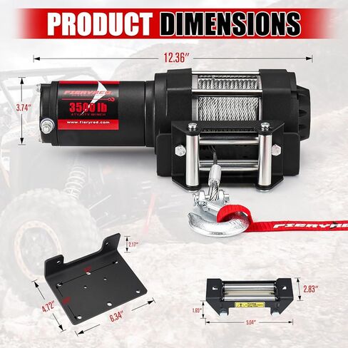 ونش FieryRed ATV/UTV - ونش كهربائي 12 فولت 3500 رطل مع كابل فولاذي وسلك وجهاز تحكم عن بعد لاسلكي، رأس دوار، مقاومة للماء IP67 in Kuwait