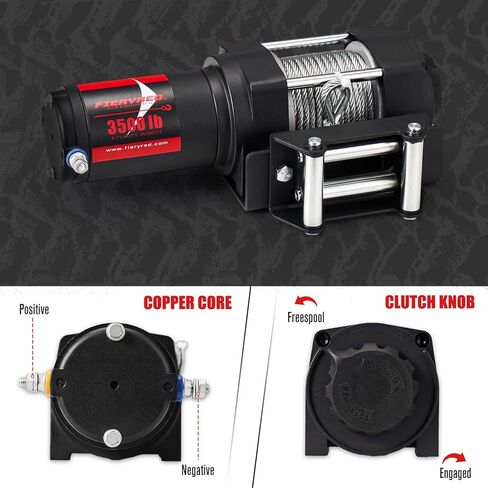 ونش FieryRed ATV/UTV - ونش كهربائي 12 فولت 3500 رطل مع كابل فولاذي وسلك وجهاز تحكم عن بعد لاسلكي، رأس دوار، مقاومة للماء IP67 in Kuwait