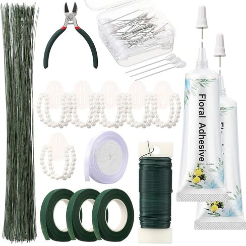 Floral Arrangement Tools Floral Tape Wire Set Adhesive Glues Boutonniere Flower Pin Stem Cutter Elastic Pearl Wrist Corsage Band White Ribbon Kit for Wedding Corsage Supply Bouquet Craft in Kuwait