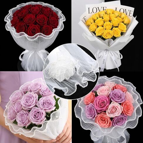 Matwsec 3.8 Yard Flower Wrapping Mesh Paper, Pearl Edge Bouquet Wrapping Paper Wrinkled Translucent for Party Favor Decor, Florist Supplies Wedding Gift Packaging Mother's Day Valentine's Day in Kuwait