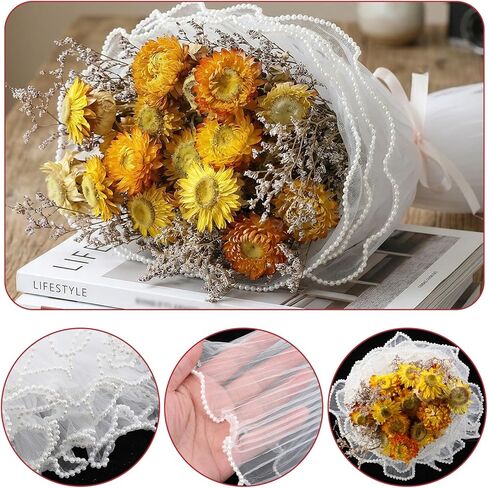 Matwsec 3.8 Yard Flower Wrapping Mesh Paper, Pearl Edge Bouquet Wrapping Paper Wrinkled Translucent for Party Favor Decor, Florist Supplies Wedding Gift Packaging Mother's Day Valentine's Day in Kuwait