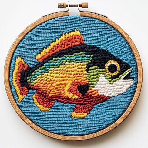 DIY Punch Needle Kits Bass Fish Easy for Beginners Punch Needle Embroidery Set for Craft Lovers with Printed Pattern and Hoop for Home Decor 20x20cm-5 in Kuwait