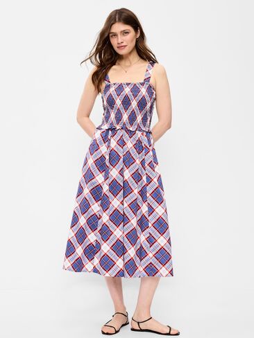 Old Navy Fit & Flare Smocked-Bodice Midi Dress - Blue Plaid in Kuwait