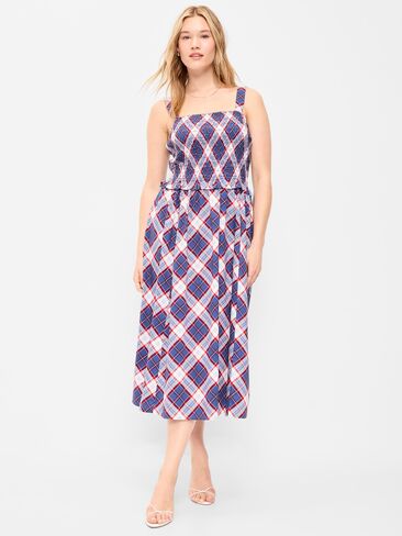 Old Navy Fit & Flare Smocked-Bodice Midi Dress - Blue Plaid in Kuwait