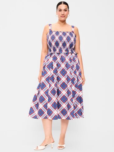 Old Navy Fit & Flare Smocked-Bodice Midi Dress - Blue Plaid in Kuwait