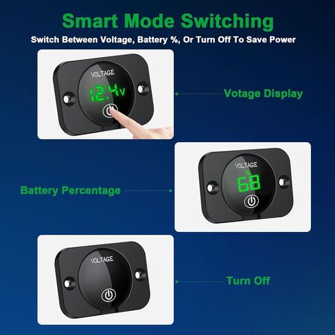 TSV 2Pcs Battery Voltage Meter, 12V LED Voltmeter with Touch Switch, 5-48V Waterproof Voltmeter with Green Light Round Digital Voltage Display for Car RV Boat Golf Cart in Kuwait