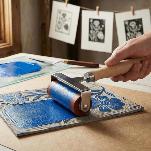 QWORK Soft Rubber Brayer, 4 Inch Soft Natural Latex Roller with Precision Finish, Steel Frame, Ideal for Linoleum, Soft Block, or Woodcut Printing in Kuwait