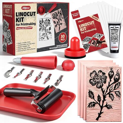 Linocut Kit for Printmaking - Block Printing Kit with 4 Soft-Cut Linoleum Blocks, Ink, Brayer Roller & Carving Tools - Rubber Stamp Making Kit for Beginners - Arts and Crafts for Adults DIY Gift in Kuwait