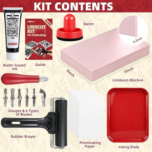 Linocut Kit for Printmaking - Block Printing Kit with 4 Soft-Cut Linoleum Blocks, Ink, Brayer Roller & Carving Tools - Rubber Stamp Making Kit for Beginners - Arts and Crafts for Adults DIY Gift in Kuwait