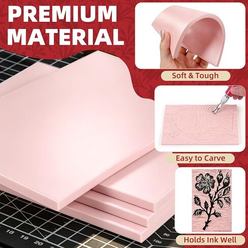 Linocut Kit for Printmaking - Block Printing Kit with 4 Soft-Cut Linoleum Blocks, Ink, Brayer Roller & Carving Tools - Rubber Stamp Making Kit for Beginners - Arts and Crafts for Adults DIY Gift in Kuwait