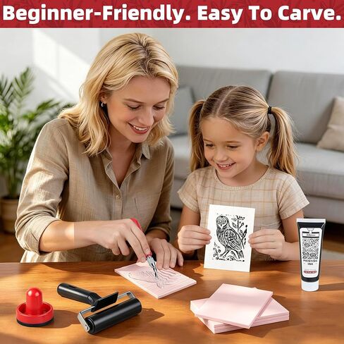 Linocut Kit for Printmaking - Block Printing Kit with 4 Soft-Cut Linoleum Blocks, Ink, Brayer Roller & Carving Tools - Rubber Stamp Making Kit for Beginners - Arts and Crafts for Adults DIY Gift in Kuwait