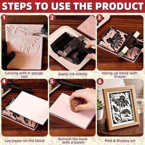 Linocut Kit for Printmaking - Block Printing Kit with 4 Soft-Cut Linoleum Blocks, Ink, Brayer Roller & Carving Tools - Rubber Stamp Making Kit for Beginners - Arts and Crafts for Adults DIY Gift in Kuwait