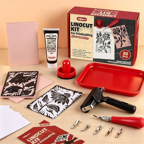 Linocut Kit for Printmaking - Block Printing Kit with 4 Soft-Cut Linoleum Blocks, Ink, Brayer Roller & Carving Tools - Rubber Stamp Making Kit for Beginners - Arts and Crafts for Adults DIY Gift in Kuwait