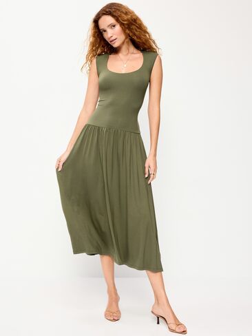 Old Navy Jersey Knit Drop-Waist Midi Dress - Heritage Green in Kuwait