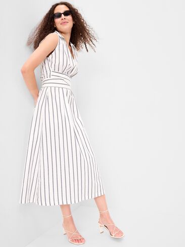 Old Navy Sleeveless Wrap-Waist Midi Shirt Dress - Navy Stripe in Kuwait