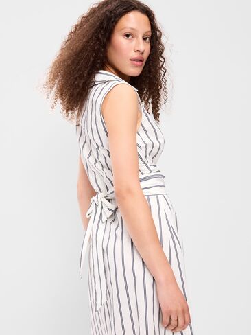 Old Navy Sleeveless Wrap-Waist Midi Shirt Dress - Navy Stripe in Kuwait