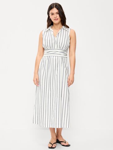 Old Navy Sleeveless Wrap-Waist Midi Shirt Dress - Navy Stripe in Kuwait